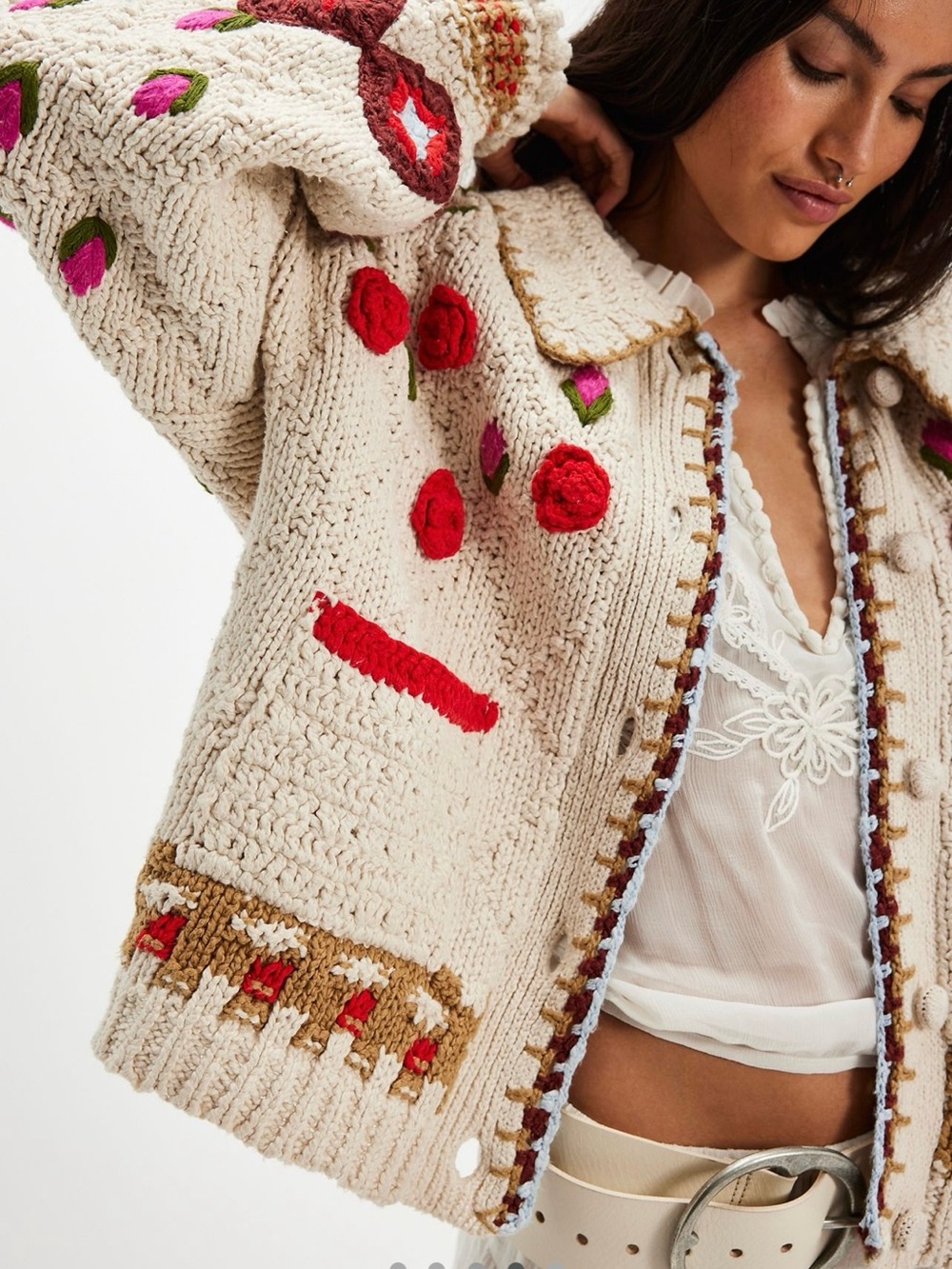 Hand-Knit Floral Cream Cardigan Sweater - Picture 5 of 9